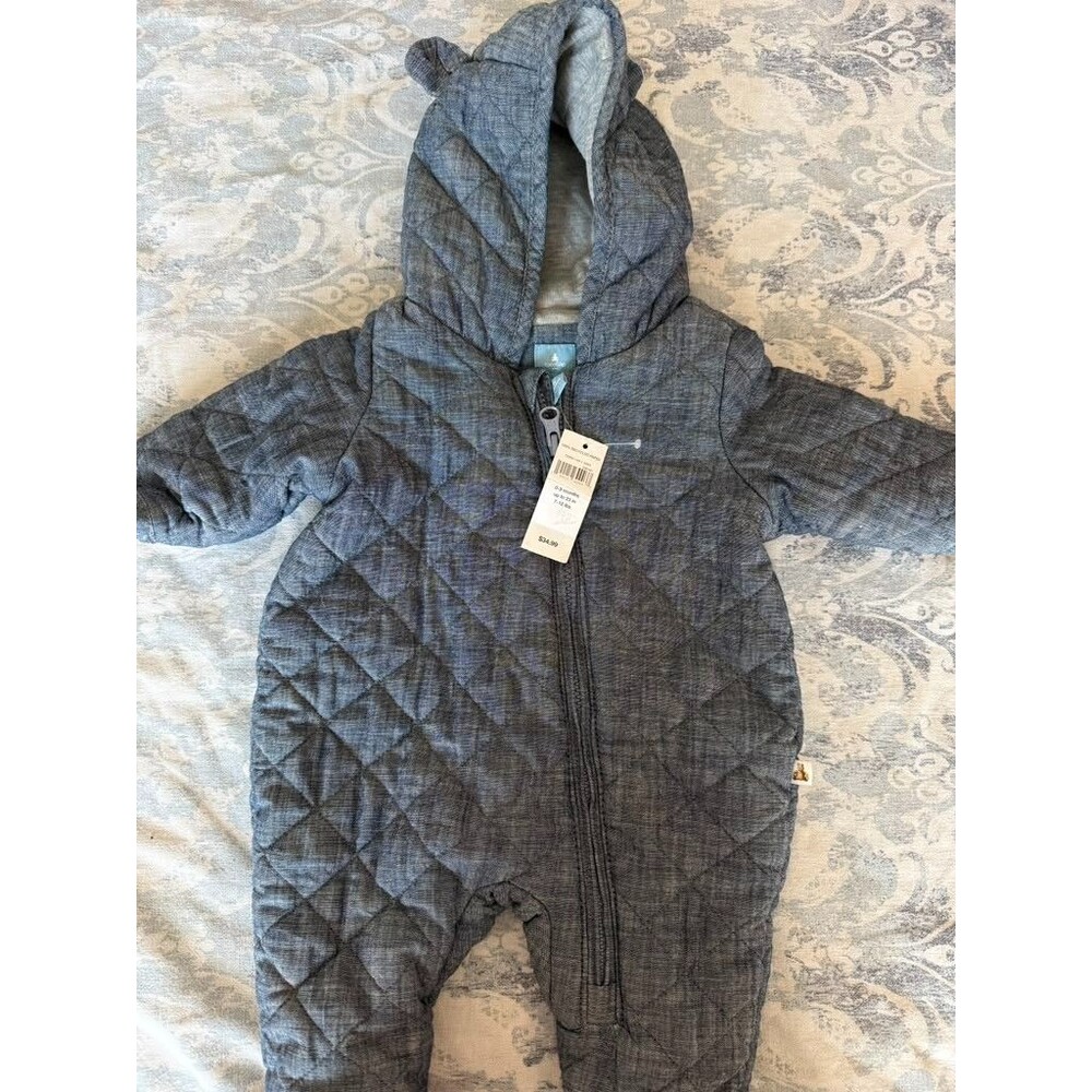 Baby Gap Baby Puffer Snowsuit 0-3 Months Gray Hooded Quilted Pramsuit NWT